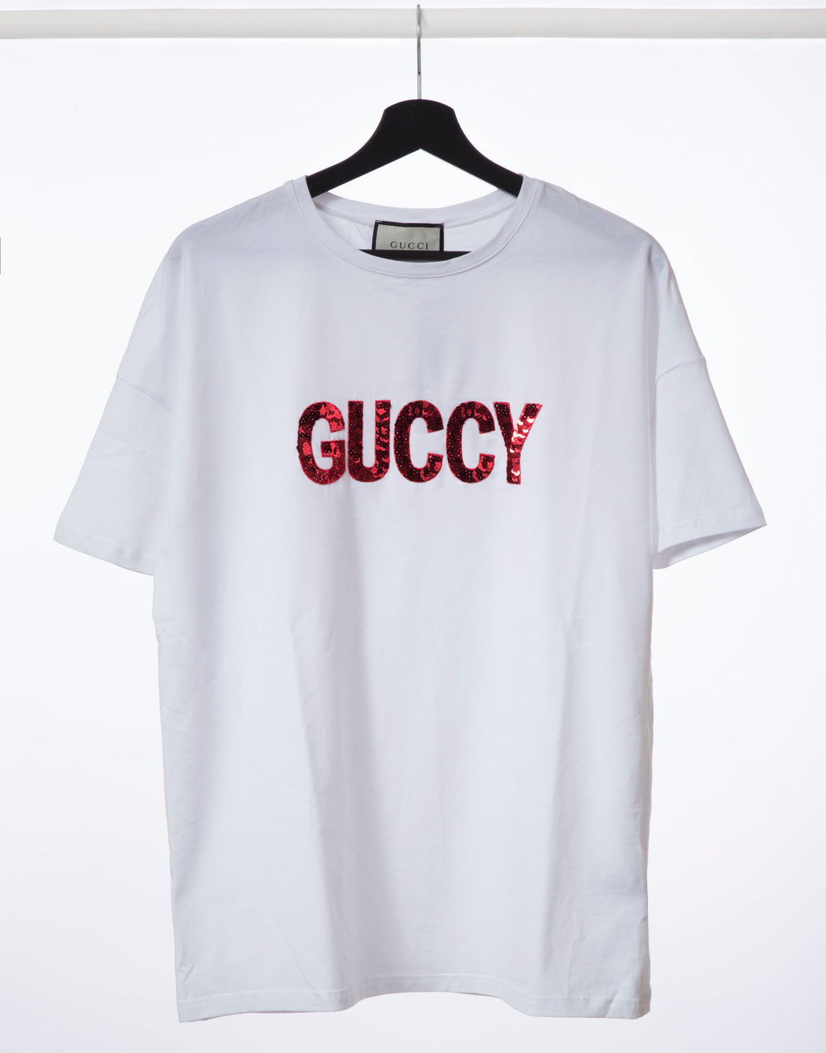 Gucci Women's White GUCCY Red Sequin Logo T-Shirt