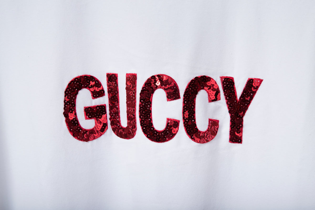 Gucci Women's White GUCCY Red Sequin Logo T-Shirt