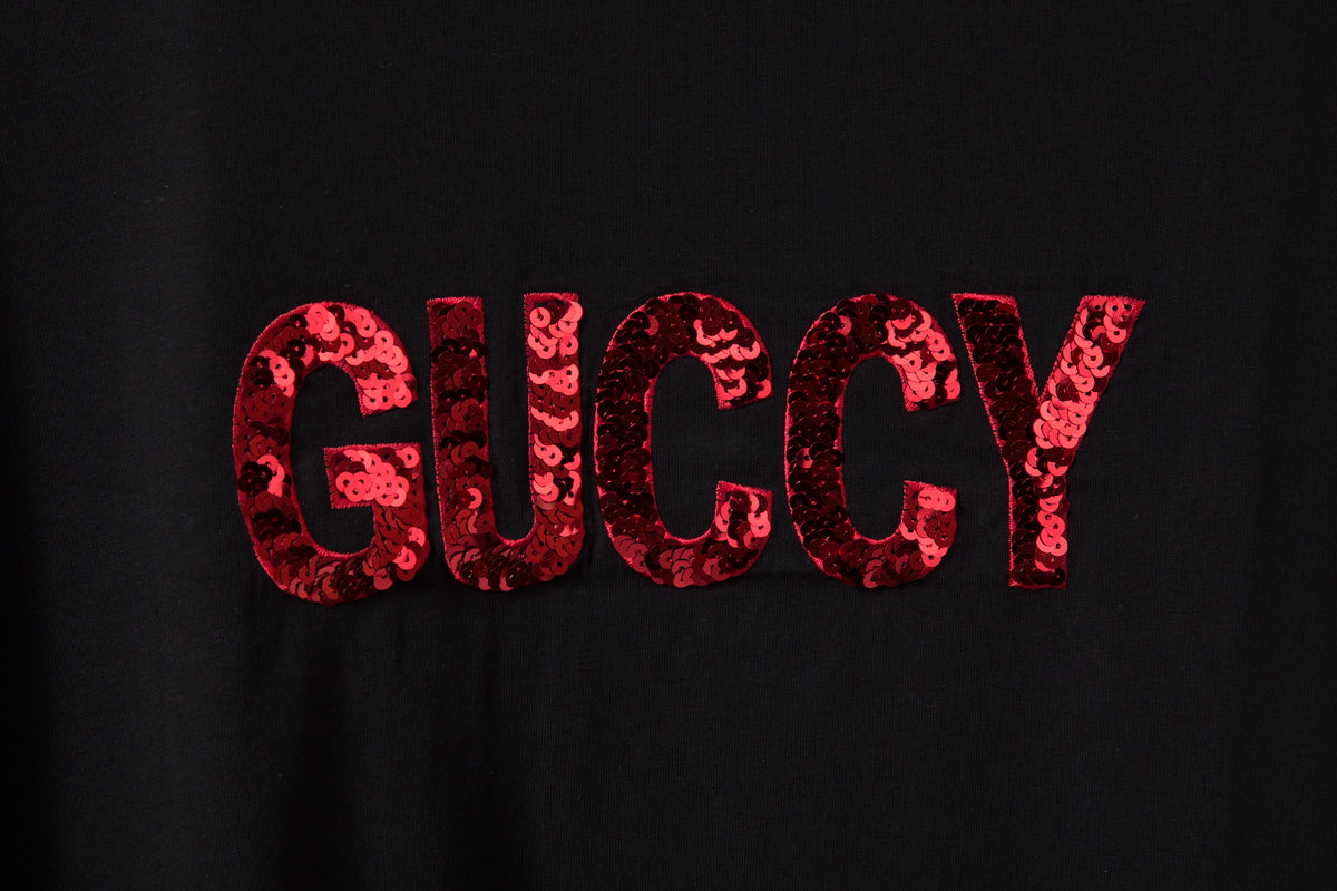 Gucci Women's Black GUCCY Red Sequin Logo T-Shirt