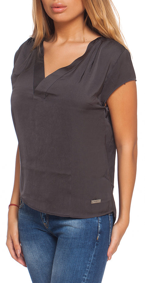 Balmain Women's Charcoal Grey V-Neck Short Sleeve Blouse
