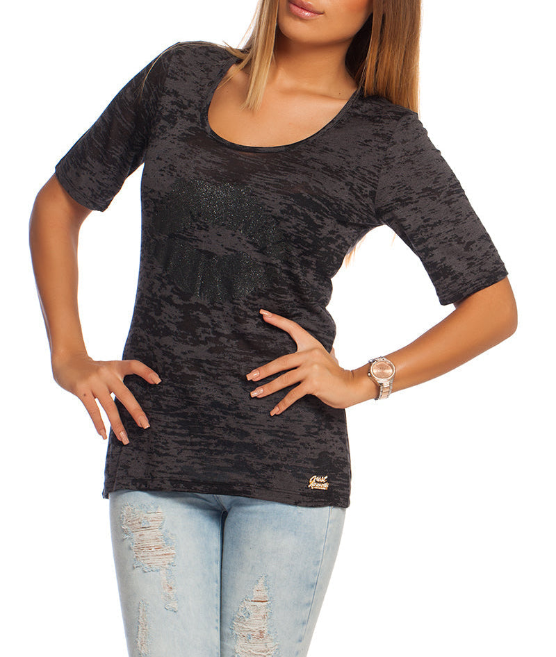 Just Cavalli Women’s Charcoal Grey Burnout Glitter Logo T-Shirt