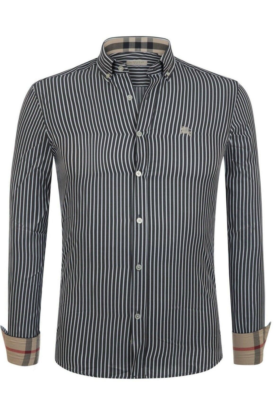 Black and white vertical striped long sleeve button-up shirt with contrasting beige check cuffs and collar lining