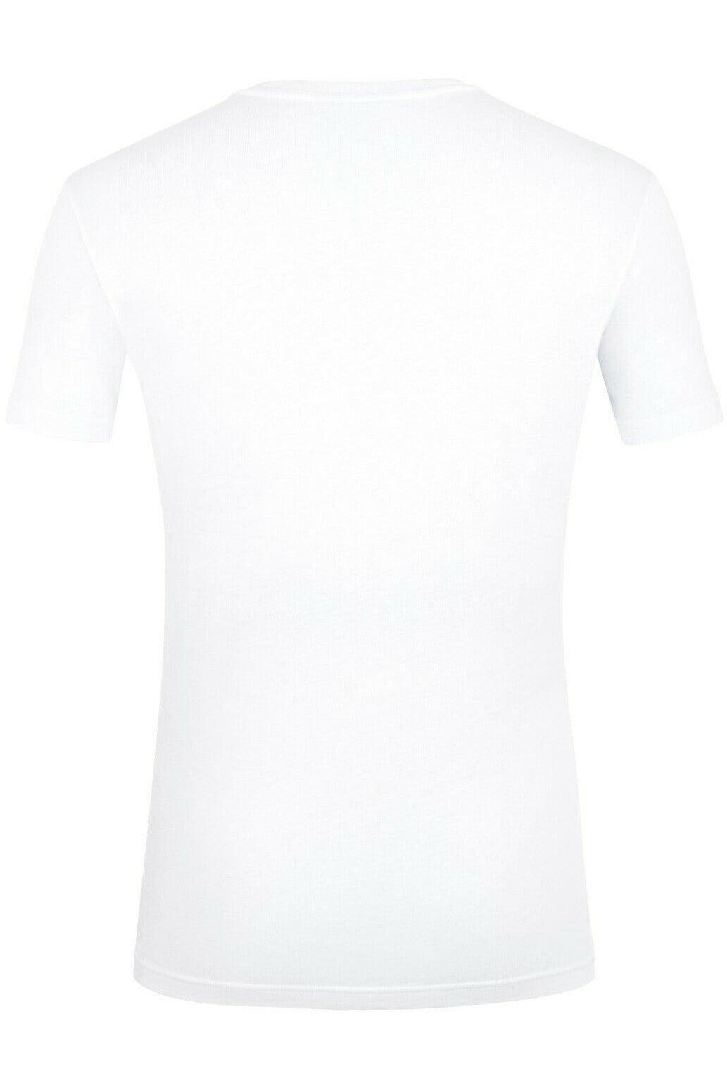 Back view of plain white short-sleeve crewneck t-shirt on white background