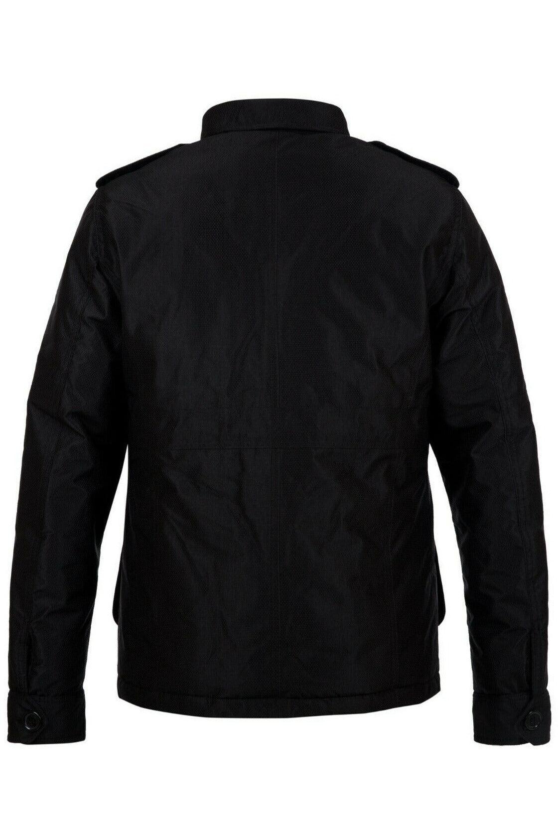 Back view of a black jacket with shoulder epaulets and buttoned cuffs